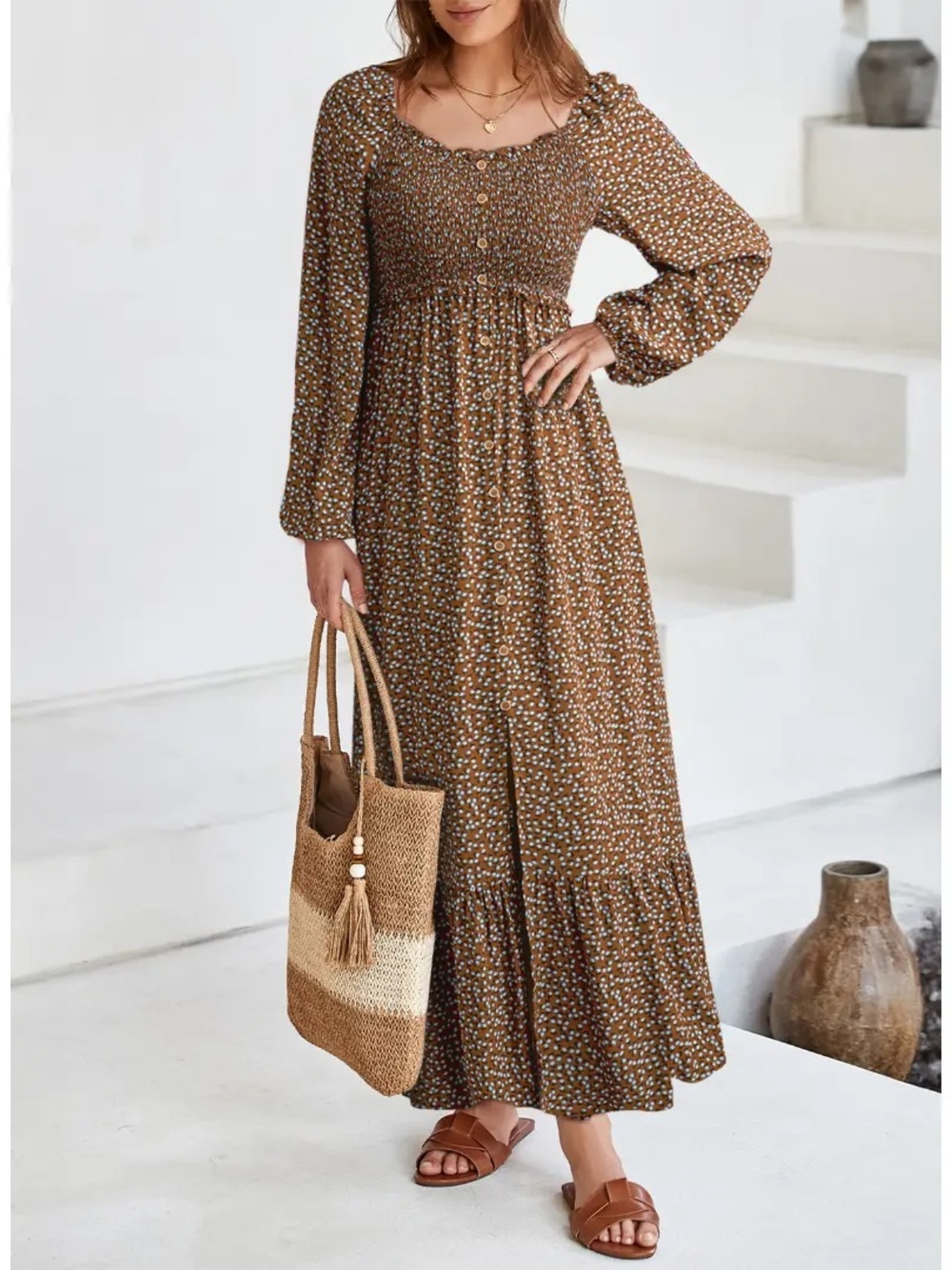Brown Floral Smocked Maxi Dress NWT Size M